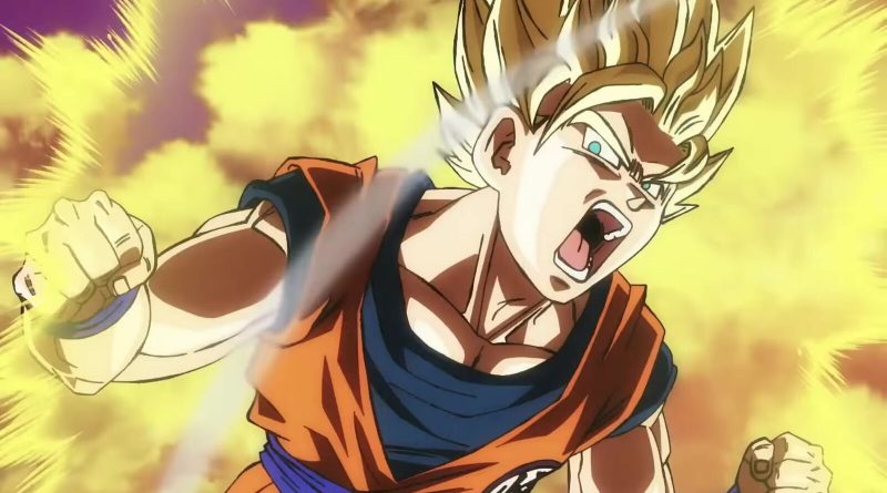 Goku en su forma de Super Saiyajin, gritando en pleno puñetazo, del tráiler oficial de Dragon Ball Super: Beerus. Imagen: Toei Animation