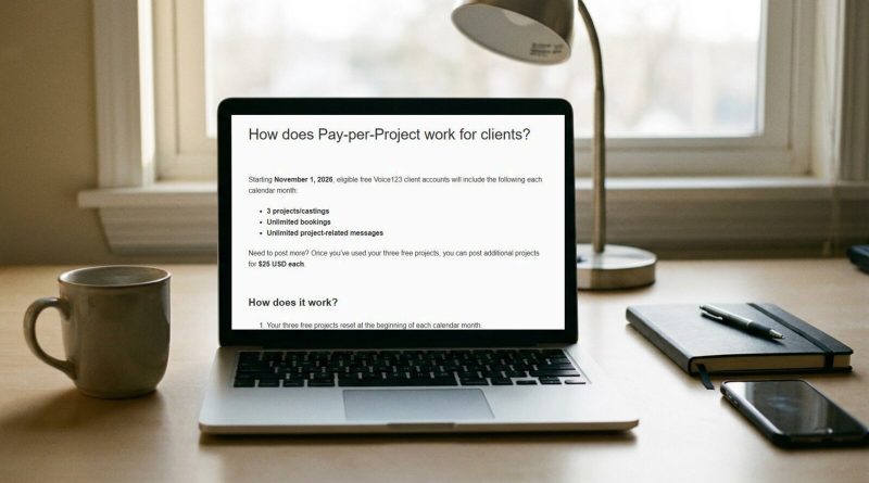 Voice123's help page "How does Pay-per-Project work for clients?" open on a laptop on a production office desk. Composite image: Voice Over Herald