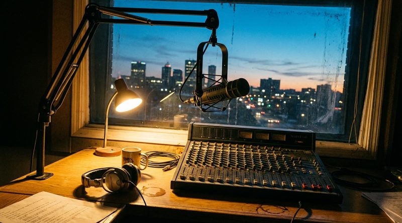 An empty radio studio at dusk on a Friday, a microphone on a boom arm, a mixing desk and headphones in front of a city skyline. © Voice Over Herald