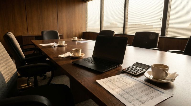 Una sala de juntas vacía después de una reunión: sillas corridas, una laptop cerrada, una calculadora, tazas de café y una hoja de cálculo impresa. © Voice Over Herald