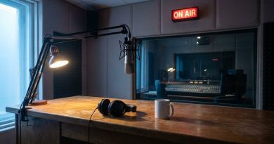 An empty radio studio at dawn: a microphone on a scissor arm, headphones and a plain mug on a worn wooden desk, a lit ON AIR sign and a dim control room behind the glass. © Voice Over Herald