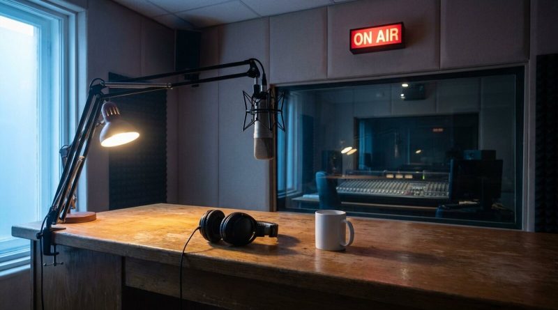 Un estudio de radio vacío al amanecer: un micrófono en un brazo articulado, audífonos y una taza sobre un escritorio de madera, un letrero ON AIR encendido y una sala de control a oscuras detrás del vidrio. © Voice Over Herald