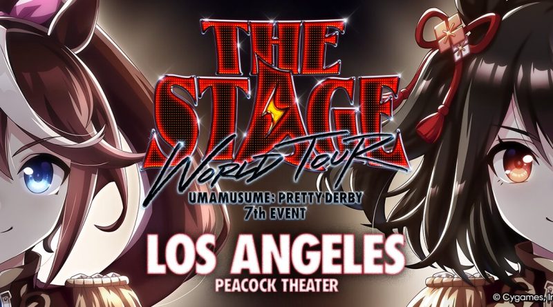 Arte oficial de Umamusume: Pretty Derby 7th EVENT WORLD TOUR: THE STAGE en Los Ángeles, en el Peacock Theater, con Tokai Teio y Kitasan Black a cada lado del logotipo. Imagen: Cygames