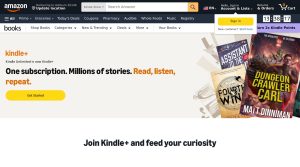 Captura de la página de Kindle+ de Amazon con el texto Kindle Unlimited is now Kindle+, One subscription. Millions of stories. Read, listen, repeat, tomada el 23 de octubre de 2026. Imagen: Amazon