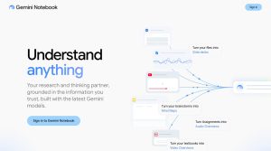 Screenshot of the Gemini Notebook home page at Google's NotebookLM address, headlined Understand anything, with a card reading Turn Assignments into Audio Overviews. Image: Google