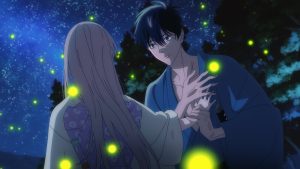 Satoko and Shinpei face each other among glowing fireflies under a starry night sky, a still from episode 2 of the Firefly Wedding anime. Image: Oreko Tachibana/Shogakukan/Firefly Wedding Production Committee