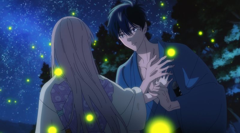 Satoko and Shinpei face each other among glowing fireflies under a starry night sky, a still from episode 2 of the Firefly Wedding anime. Image: Oreko Tachibana/Shogakukan/Firefly Wedding Production Committee