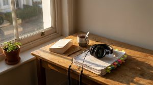 Un escritorio de madera junto a una ventana con sol de viernes por la tarde, con guiones anotados, audífonos de estudio, un libro y una taza de té. © The Voice Realm