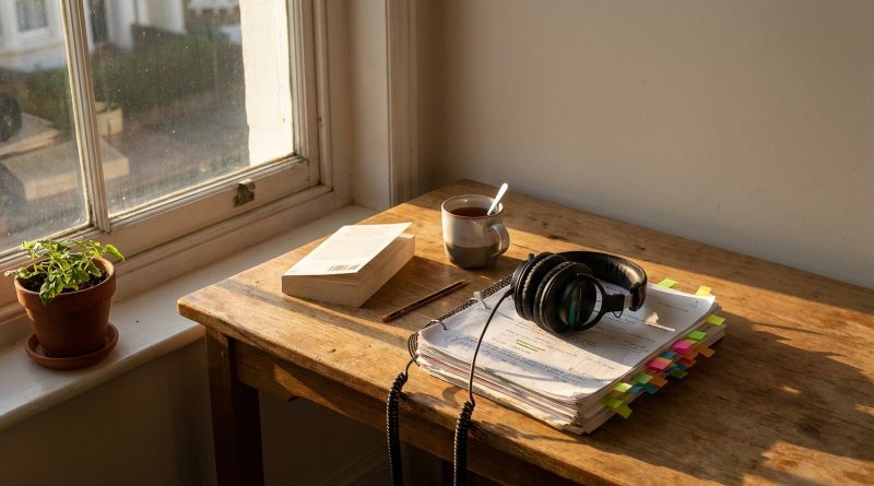 Un escritorio de madera junto a una ventana con sol de viernes por la tarde, con guiones anotados, audífonos de estudio, un libro y una taza de té. © The Voice Realm