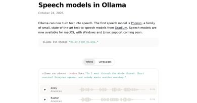 Screenshot of Ollama's Speech models in Ollama page, dated October 24, 2026, showing the Phonon command and a list of voices named Zoey, Easton and Freya with waveforms. Image: Ollama
