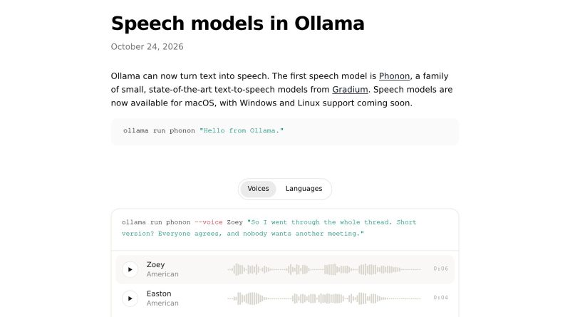 Captura de la página Speech models in Ollama, del 24 de octubre de 2026, con el comando de Phonon y una lista de voces llamadas Zoey, Easton y Freya con sus formas de onda. Imagen: Ollama