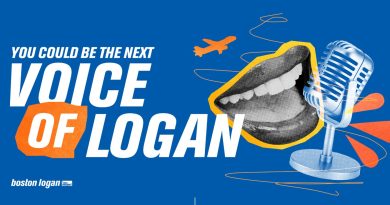 Screenshot of the Voice of Logan contest website: a blue banner reading You could be the next Voice of Logan, with a cut-out smiling mouth beside a vintage microphone and the boston logan logo. Image: Massport