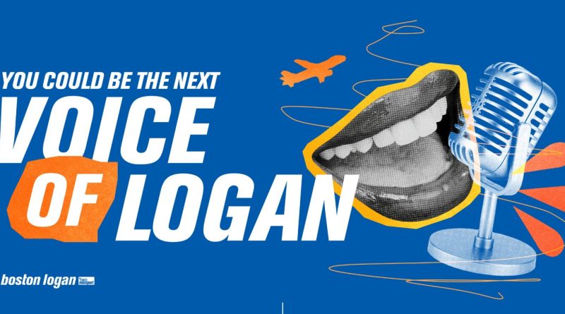 Captura del sitio del concurso Voice of Logan: un banner azul que dice You could be the next Voice of Logan, con una boca sonriente recortada junto a un micrófono antiguo y el logotipo de boston logan. Imagen: Massport