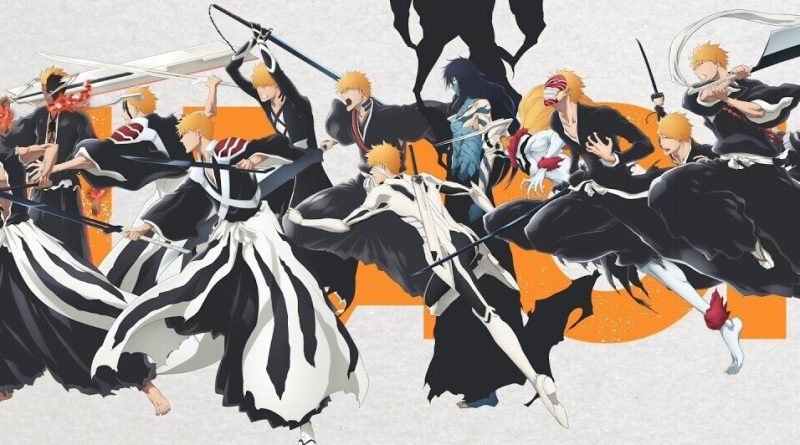 Arte oficial de Bleach de The Stories Visual Movie: Ichigo Kurosaki repetido a lo largo de 22 años, con uniforme escolar y con el traje de Shinigami, avanzando sobre un logo naranja de Bleach. Imagen: © Tite Kubo/Shueisha, TV Tokyo, dentsu, Pierrot