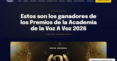 Screenshot of the Festival Viva Voz page announcing the winners of the Premios de la Academia de la Voz A Voz 2026, with the gold A Voz statuette under the headline. Image: Festival Viva Voz