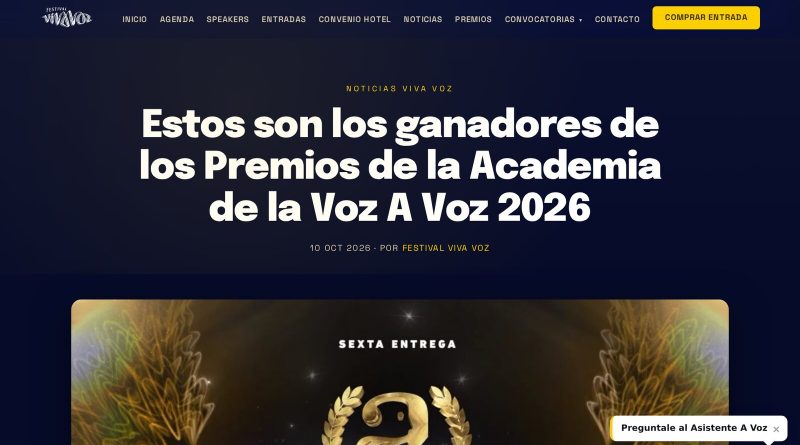 Screenshot of the Festival Viva Voz page announcing the winners of the Premios de la Academia de la Voz A Voz 2026, with the gold A Voz statuette under the headline. Image: Festival Viva Voz