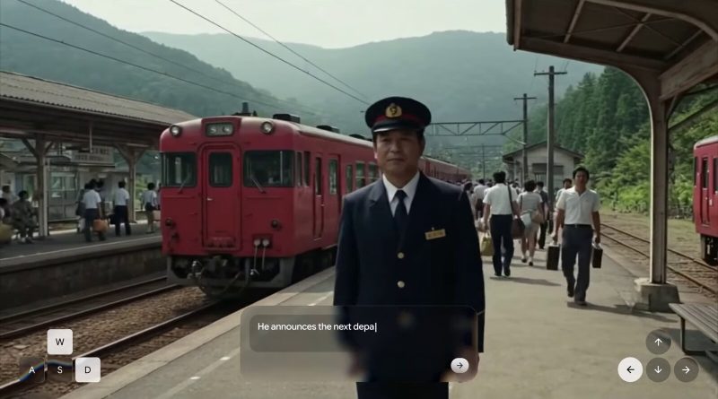Cuadro de la demostración de Genie 4 de Google DeepMind: un inspector de estación generado, con uniforme azul marino, en un andén de montaña junto a un tren rojo, con la instrucción escrita He announces the next departure en pantalla. Imagen: Google DeepMind