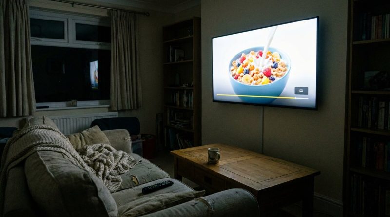 Una sala oscura iluminada por un televisor en la pared que muestra un anuncio de cereal, con una barra de progreso amarilla abajo, un control remoto en el sofá y una taza en la mesa. © The Voice Realm