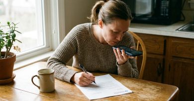 Una mujer en la mesa de la cocina habla por un teléfono en altavoz mientras marca una carta de renovación de seguro © Voice Over Herald