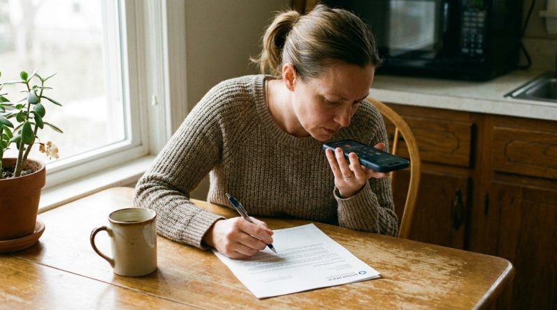 A woman at a kitchen table speaks into a phone on speaker while marking up an insurance renewal letter © Voice Over Herald
