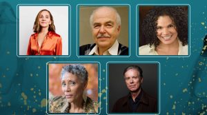 Official portraits of the Audio Publishers Association's first Hall of Fame narrators, Hillary Huber, George Guidall, January LaVoy, Robin Miles and Simon Vance, framed on the teal and gold 2026 Audie Awards honorees card. Image: Audio Publishers Association