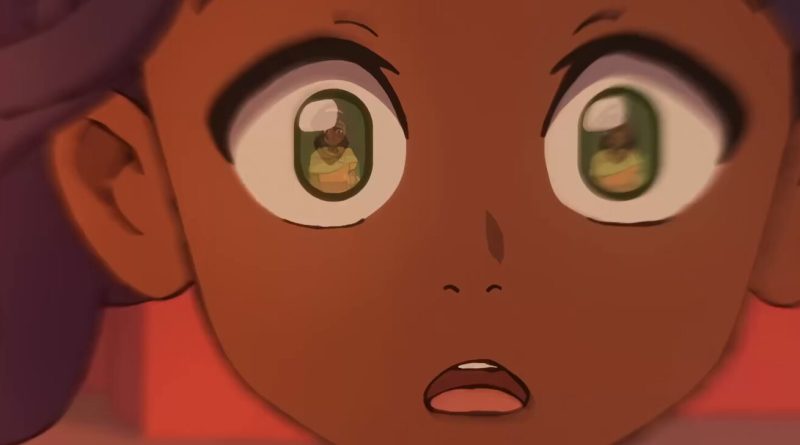 Pavi, the new Avatar, stares wide-eyed with her twin Nisha reflected in her eyes, a frame from the Avatar: Seven Havens trailer. Image: Paramount+