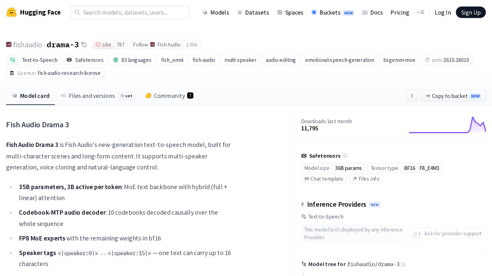 Hugging Face page for fishaudio/drama-3 listing 83 languages, 36B parameters, speaker tags for up to 16 characters and 11,795 downloads last month