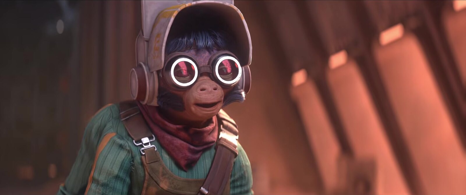 Hibi, the four-armed Ardennian mechanic from Star Wars: Galactic Racer, in goggles, a dented cap and a red neckerchief in the workshop. Frame from Fuse Games' Sounds of the Galactic League video. Image: Secret Mode and Fuse Games