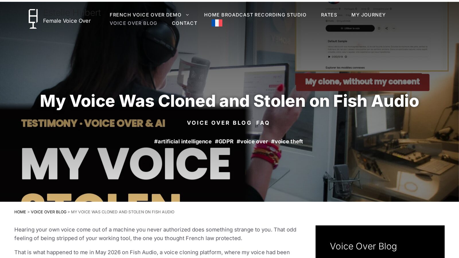 La locutora francesa Estelle Hubert en su estudio en casa, al inicio de su artículo sobre la clonación de su voz en Fish Audio
