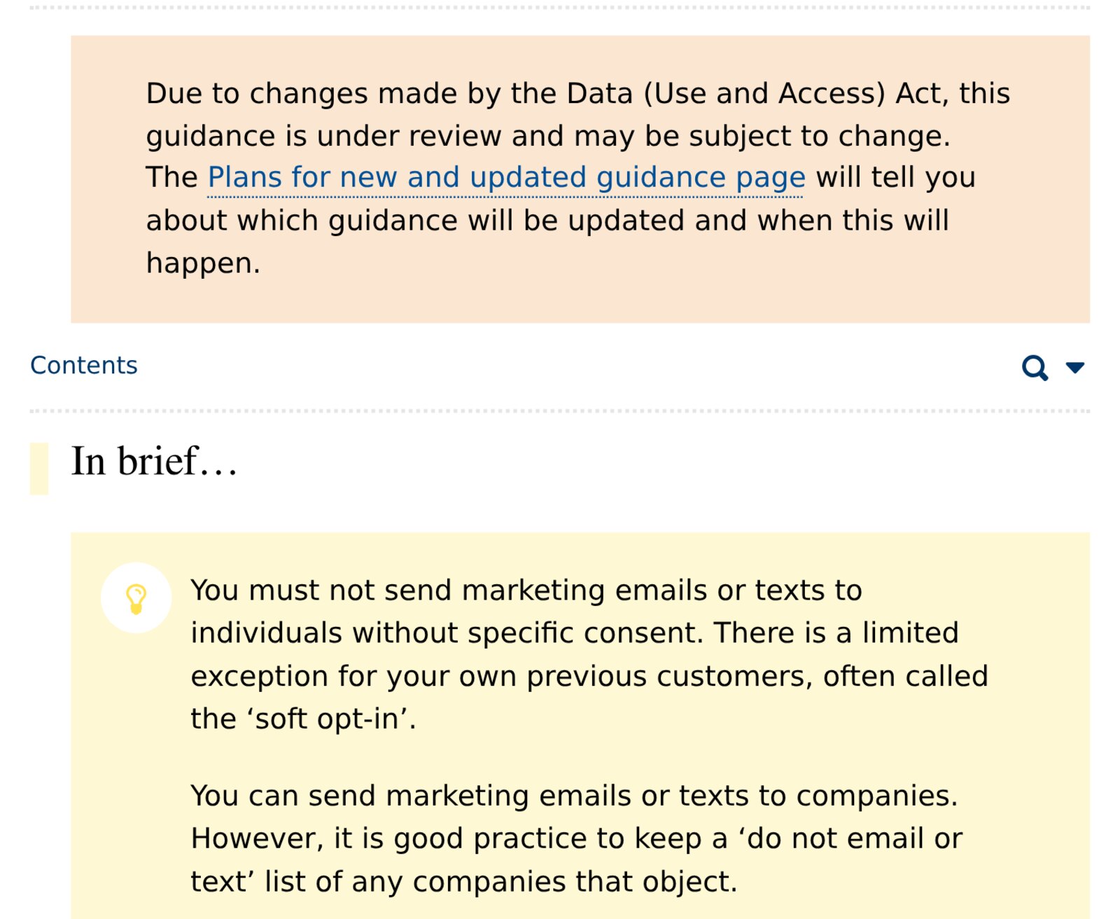 Screenshot of the Information Commissioner's Office page Electronic mail marketing, with its In brief box saying you must not send marketing emails to individuals without specific consent, but you can send them to companies and should keep a do not email list. Image: Information Commissioner's Office, ico.org.uk