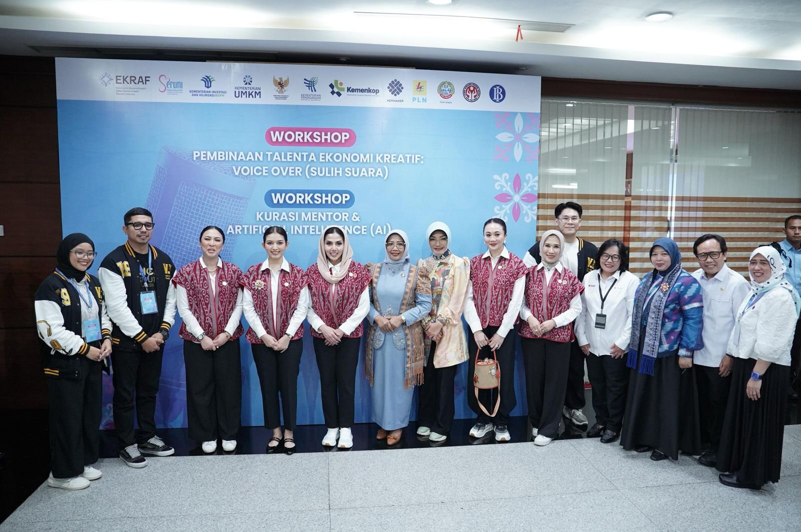 Mentors at the voice over workshop in Pontianak, West Kalimantan, May 2026, in front of the workshop banner. Image: Ministry of Creative Economy