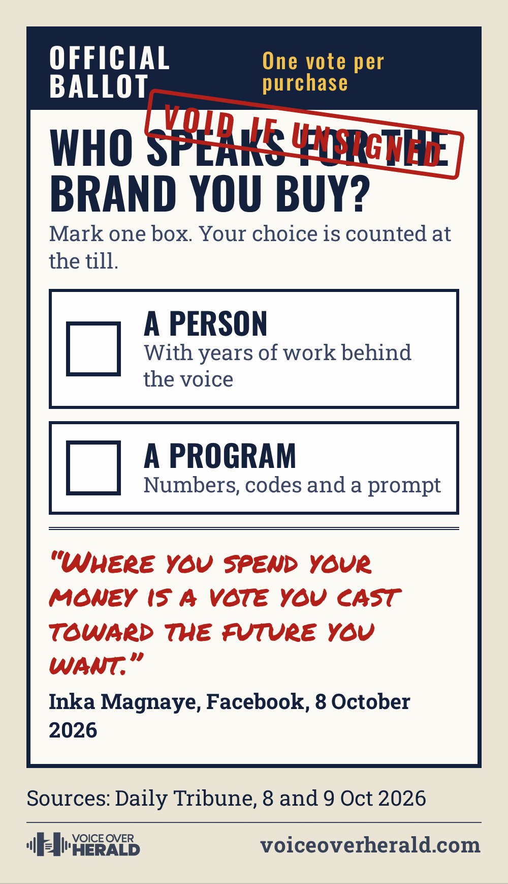 A mock election ballot asking who speaks for the brand you buy, with two empty boxes, A person and A program, and Inka Magnaye's line that where you spend your money is a vote you cast toward the future you want.
