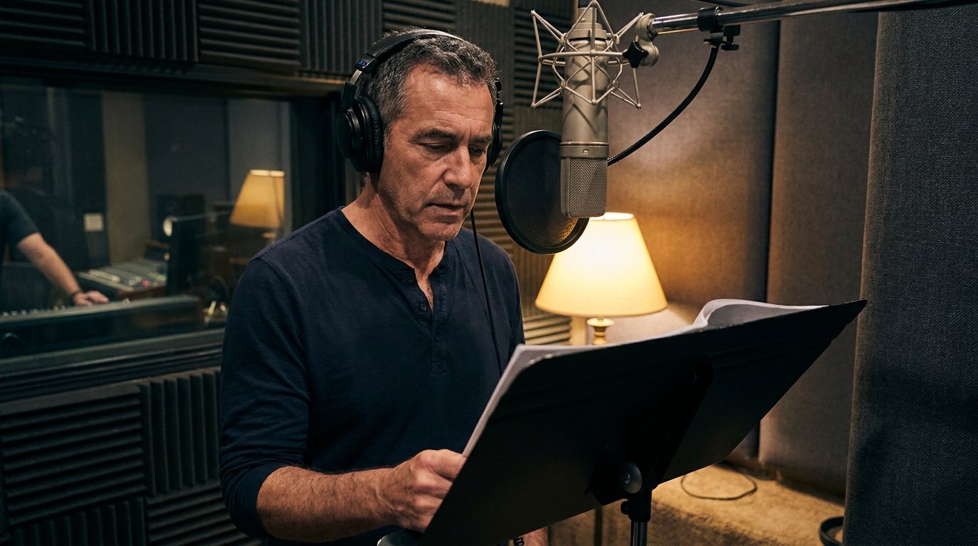 An actor in headphones reads a script on a music stand at a studio microphone in a dimly lit recording booth, an engineer visible through the control room glass © Voice Over Herald