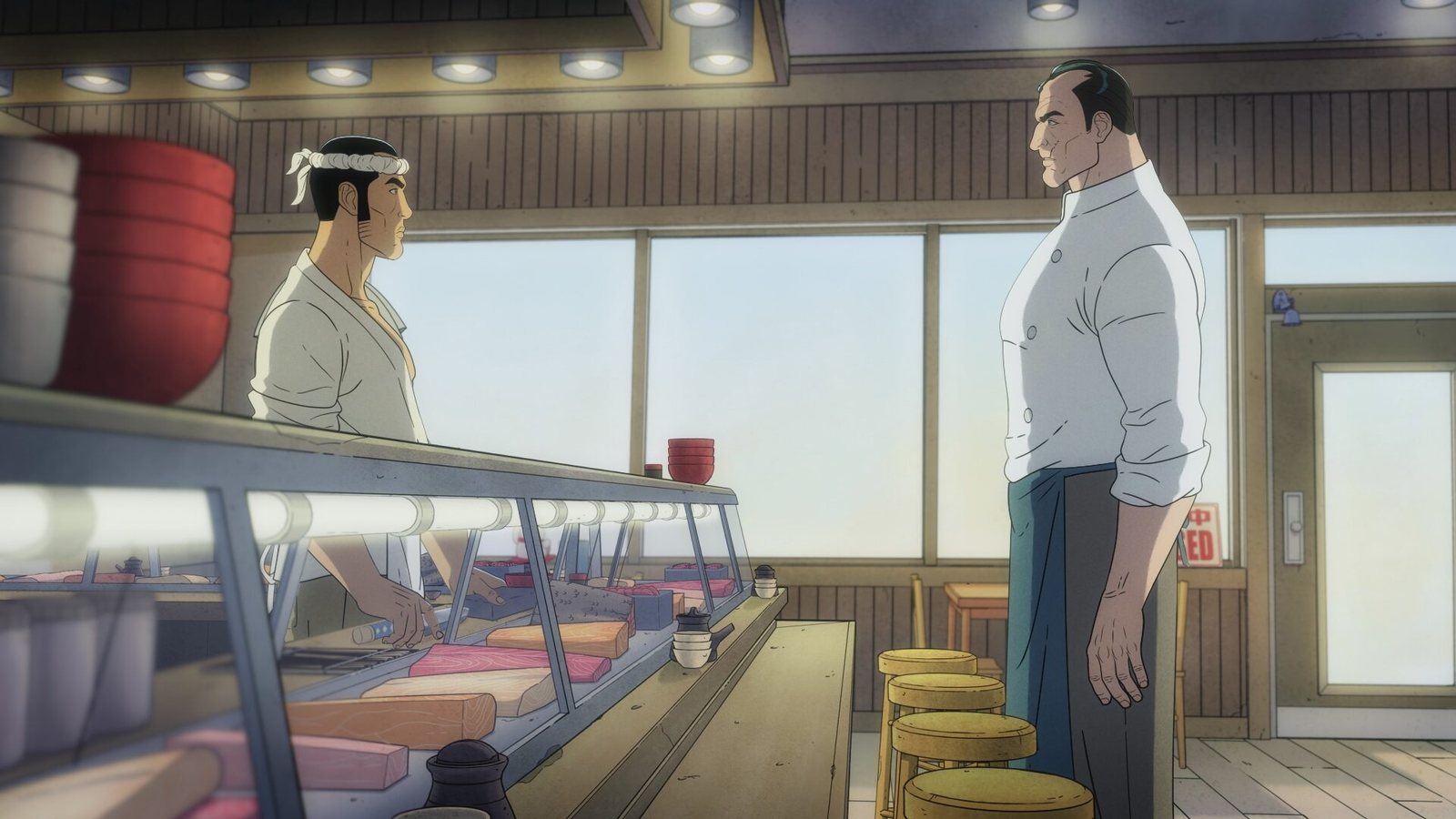 Official still from Get Jiro!: Jiro stands behind his sushi counter facing a tall man in a white shirt across the glass case. Image: Adult Swim