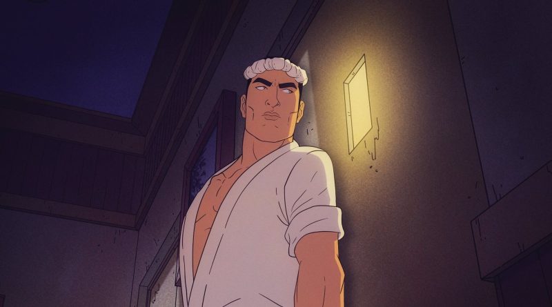 Official still from Get Jiro!: the sushi chef Jiro, in a white headband and open white jacket, stands in a dark alley beside a glowing lamp. Image: Adult Swim