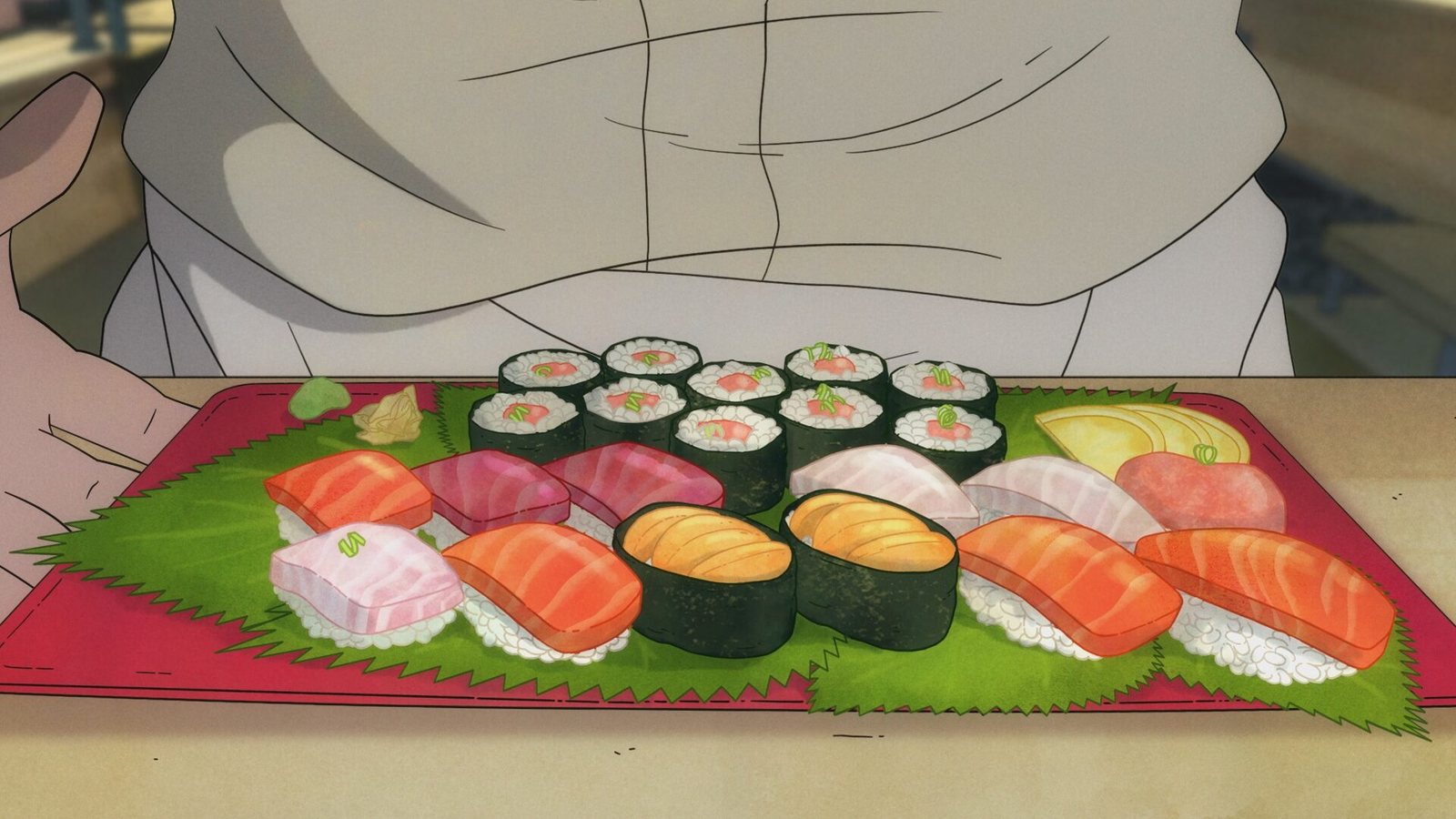 Official still from Get Jiro!: a chef's hand presents a tray of nigiri, maki rolls and sea urchin sushi on shiso leaves. Image: Adult Swim