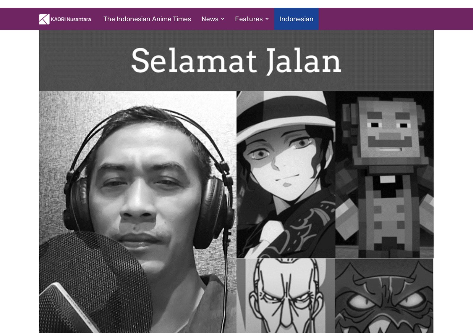 El reporte en inglés de KAORI Nusantara sobre la muerte de Toto Warsito, encabezado Selamat Jalan, con su foto junto a Muzan y otros personajes a los que dio voz. Captura de pantalla, 11 de octubre de 2026
