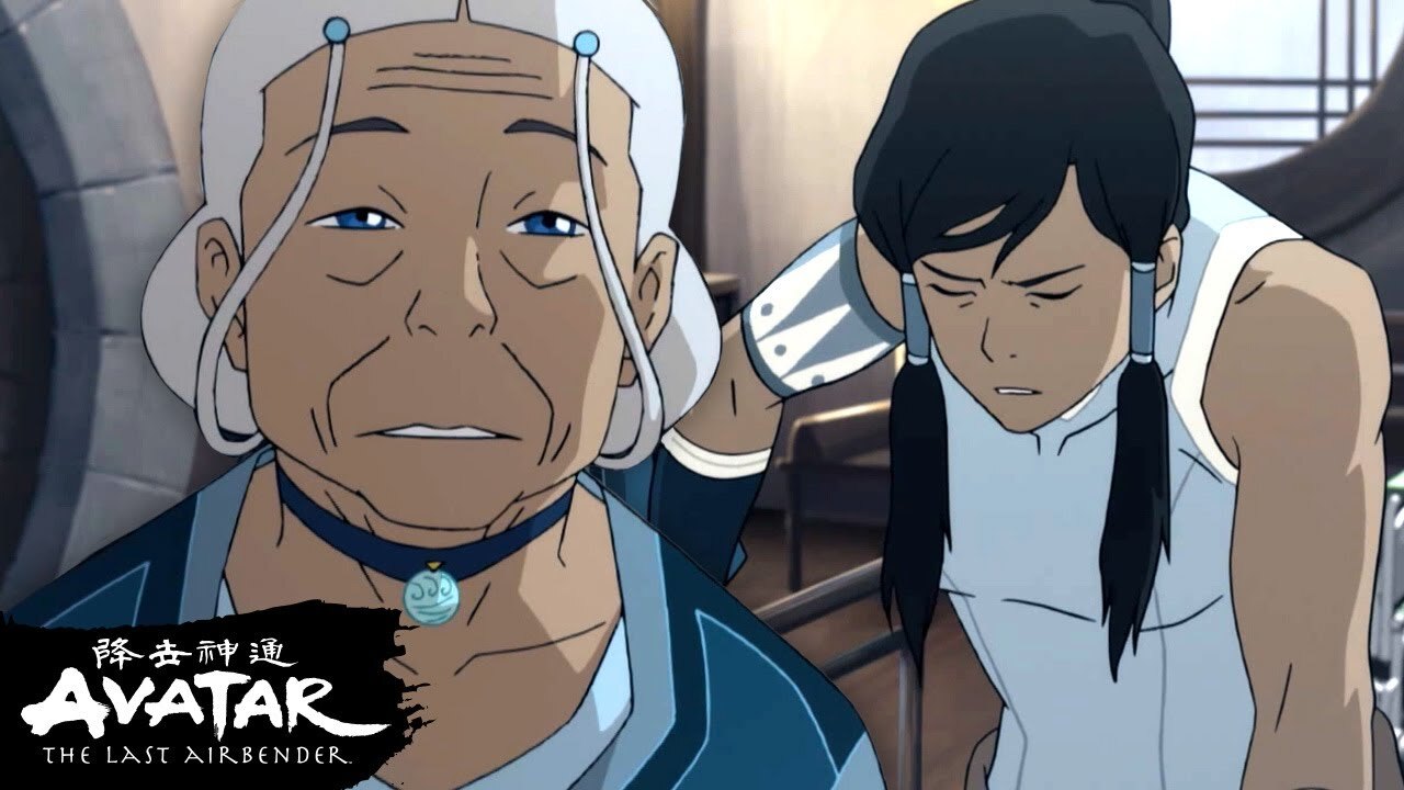 Old Katara, voiced by Eva Marie Saint, sits beside Korra during her recovery in The Legend of Korra. Image: Avatar Legends, Nickelodeon