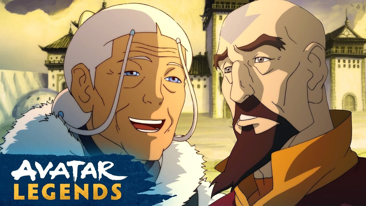 Katara anciana, con la voz de Eva Marie Saint, ríe con su hijo Tenzin en el Polo Sur en La leyenda de Korra. Imagen: Avatar Legends, Nickelodeon