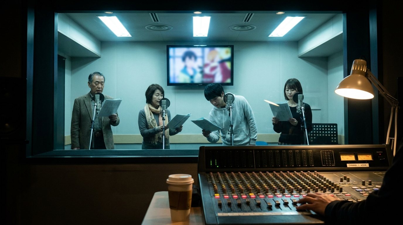 Seen from a control room with a mixing desk, four voice actors of different ages read scripts at separate microphones in a recording booth under an anime playback screen © Voice Over Herald