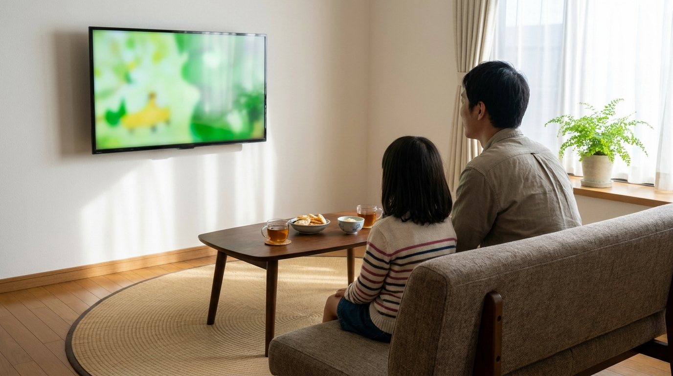 A girl and her father sit on a sofa in a bright Japanese living room watching a cartoon on a wall-mounted TV, with barley tea and rice crackers on the table © Voice Over Herald
