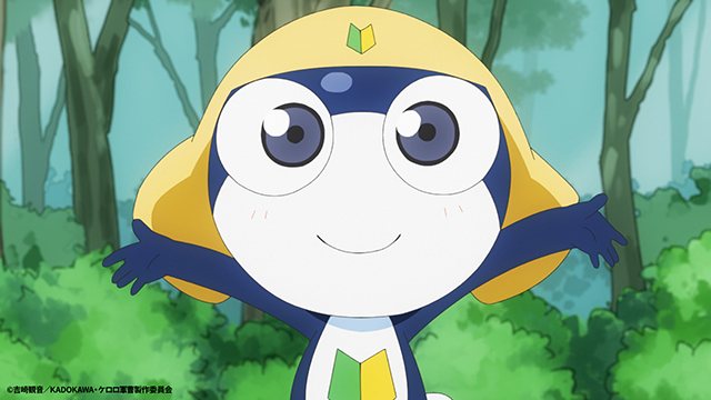 Official still from the new Sgt. Frog series: Private Tamama, now voiced by Rika Nagae, smiles with arms spread in a sunlit forest. Image: TV Tokyo and the Keroro Gunso production committee