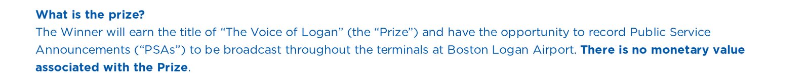 Screenshot of the Voice of Logan FAQ answering What is the prize: the title The Voice of Logan and the opportunity to record Public Service Announcements for the terminals, with the words There is no monetary value associated with the Prize in bold. Image: voiceoflogan.com