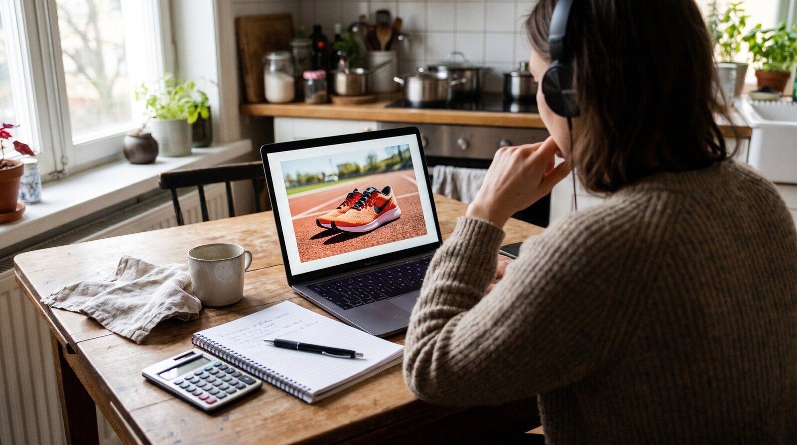 A woman in headphones, seen from behind, watches a video advertisement on a laptop at a kitchen table. © Voice Over Herald