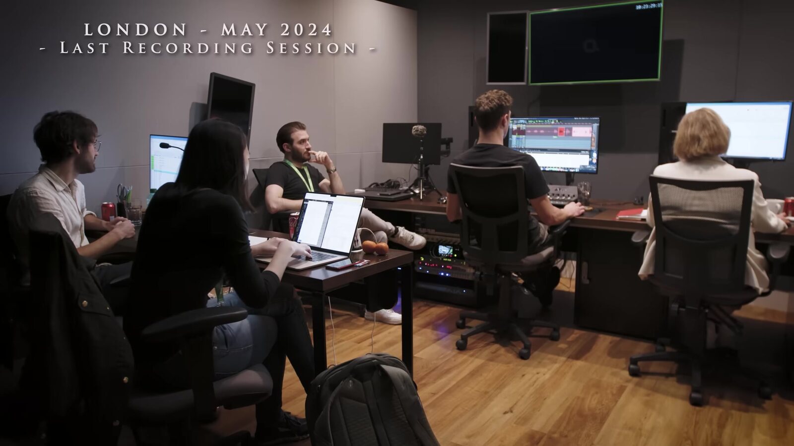 A recording control room in London, May 2024, with the Expedition 33 team watching a session at their desks, from the game's Behind the Voices video. Not the Sega session. Image: Sandfall Interactive