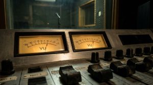 Two analogue VU meters glowing amber on a broadcast mixing console, an empty voice booth behind the glass. © Voice Over Herald
