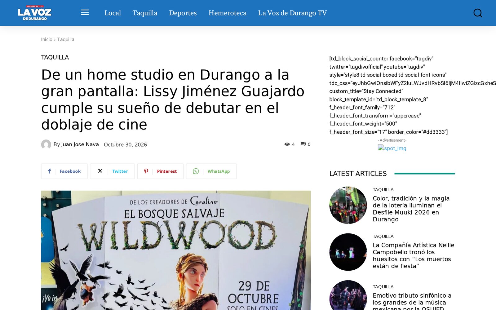 Captura de la nota de La Voz de Durango sobre Lissy Jiménez Guajardo, de un home studio en Durango a la gran pantalla, con un cartel de Wildwood bajo el titular