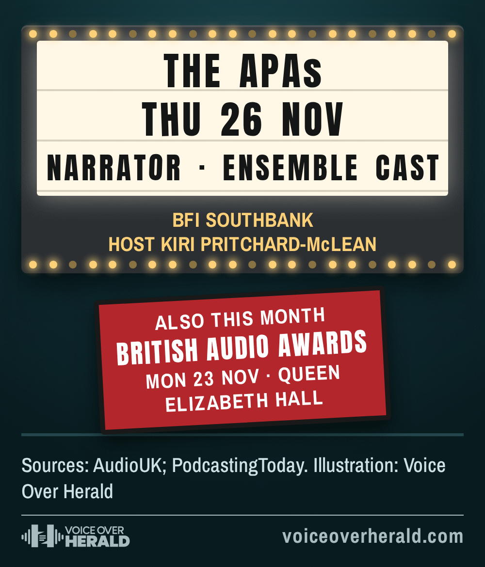 Graphic styled as a lit cinema marquee letterboard: The APAs, Thursday 26 November, Narrator and Ensemble Cast, BFI Southbank, host Kiri Pritchard-McLean; below it a red pavement sign: also this month, British Audio Awards, Monday 23 November, Queen Elizabeth Hall
