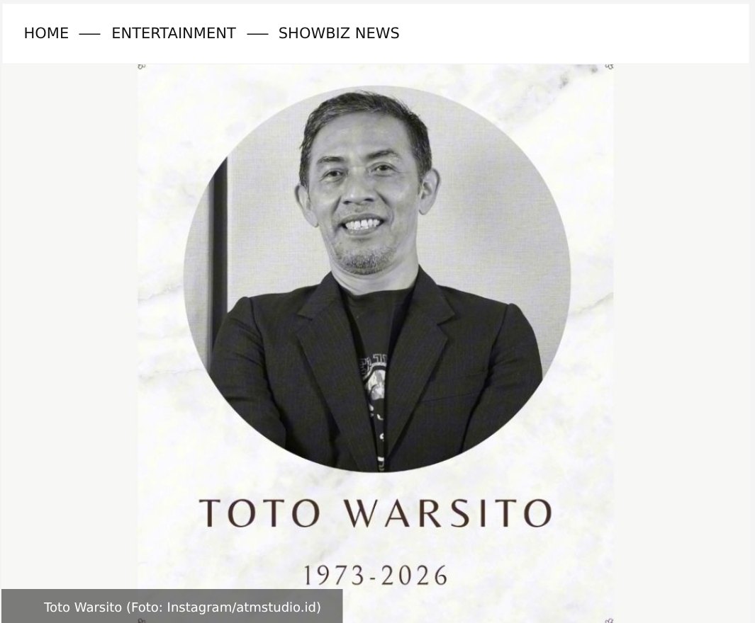 medcom.id's report on Toto Warsito's death, showing the black and white memorial card from ATM Studio with the years 1973 to 2026. Screenshot of medcom.id, 11 October 2026