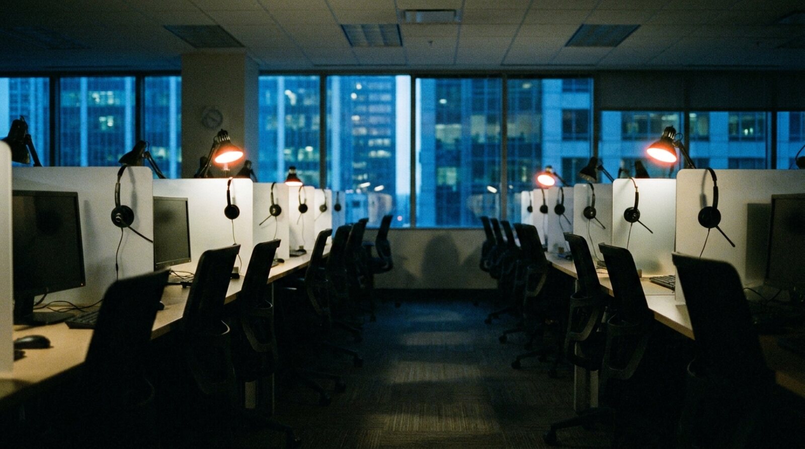 An empty customer service call centre at night, headsets hanging on the desk partitions and the city lit up outside. © Voice Over Herald